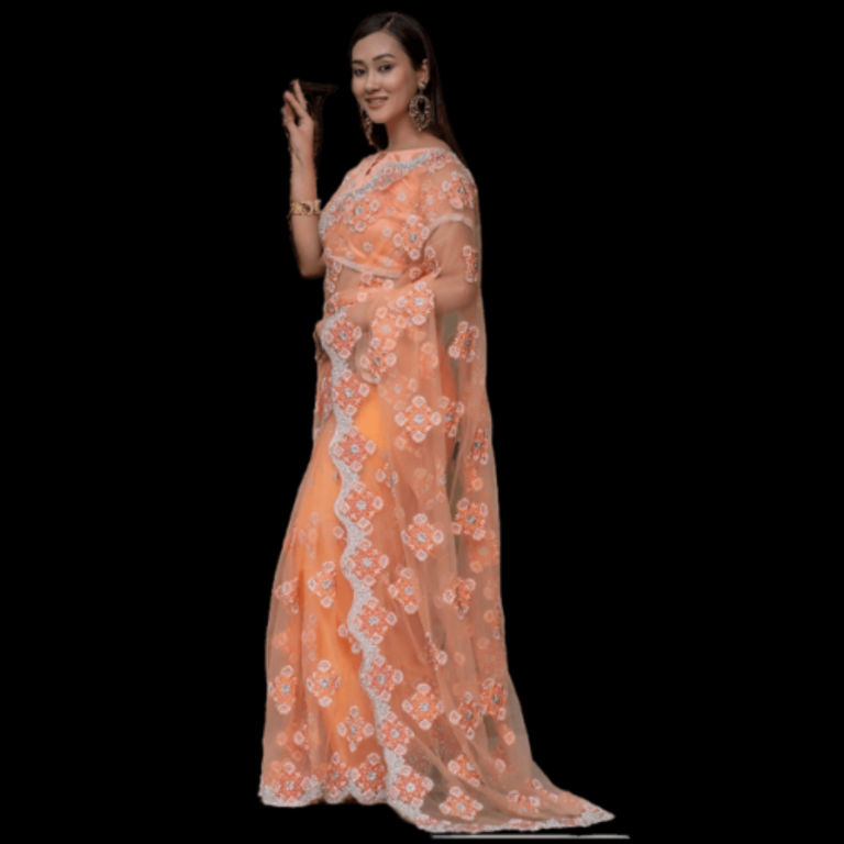 Pure Net Fancy Fashionable Peach Colour Saree - 1023 - Image 2
