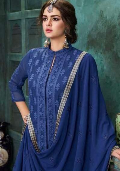Sajawat Lucknawi Embroidery Readymade Suit Set - Egyptian Blue