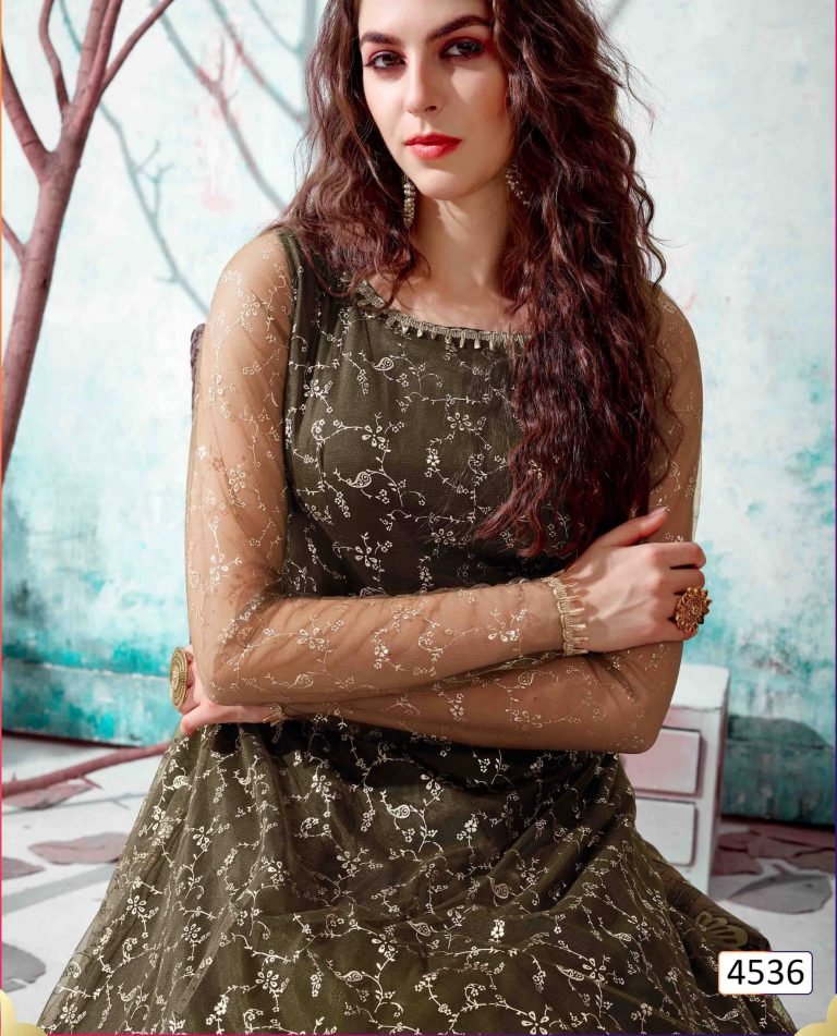 Fancy Party wear Designer Net Gown - Olive - Image 2