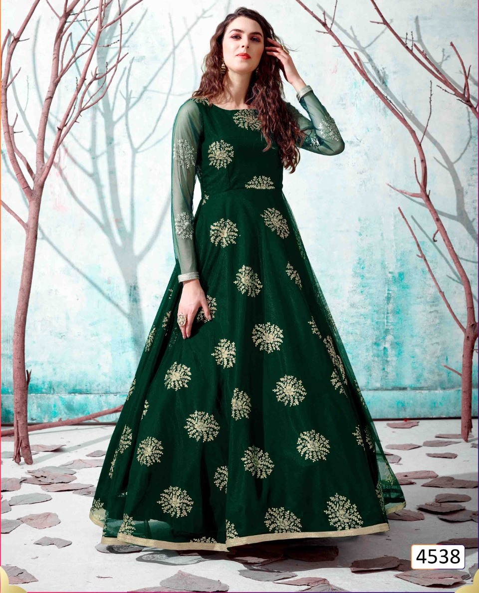Partywear Light Green Color Satin Base Gown With Resham Work