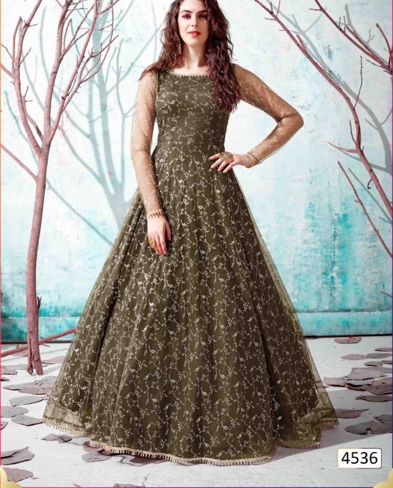 Fancy Party wear Designer Net Gown - Olive