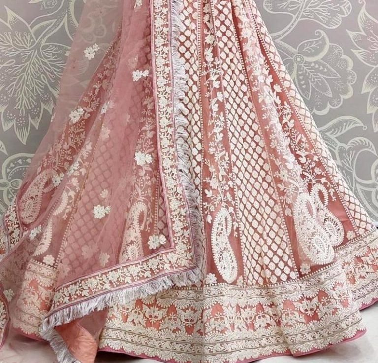 Wedding lehenga choli Lucknowi thread work designer collection - Salmon Pink - Image 2
