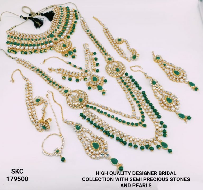 Designer Bridal Wedding Jewelry set collection - White Kundan & Green 08