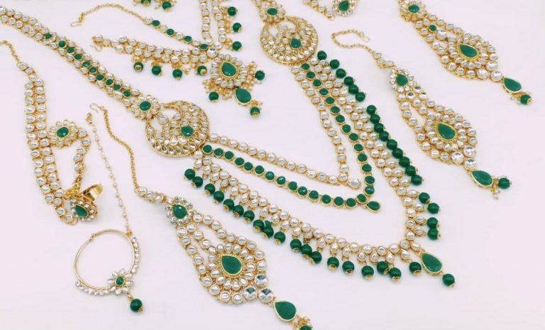 Designer Bridal Wedding Jewelry set collection - White Kundan & Green 08 - Image 3