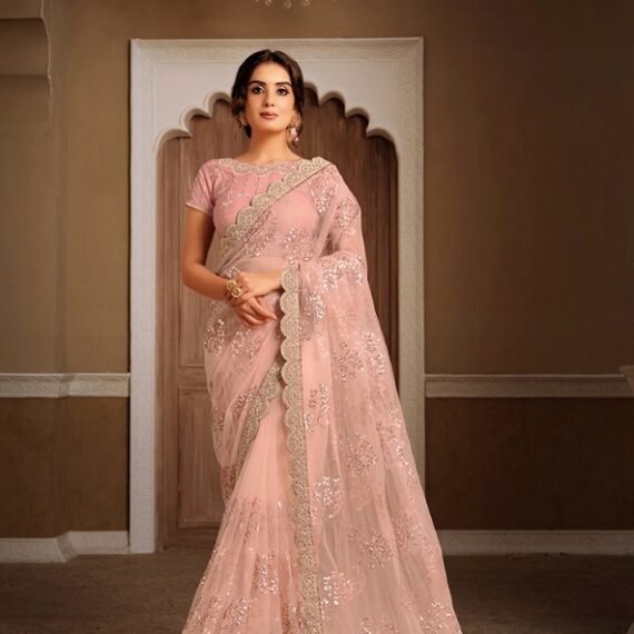Designer Net Fancy Fabric Ersheen Saree - Pink