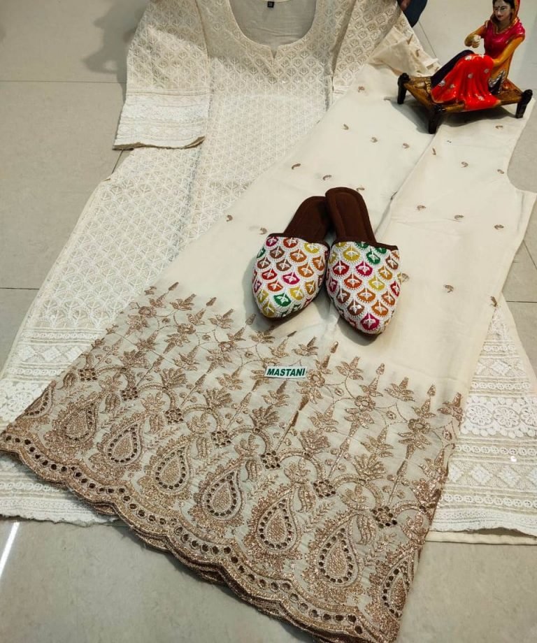 Beautiful Chikan Embroidered Sequins Kurti and Garara Set with Patiala Jutti - White & White