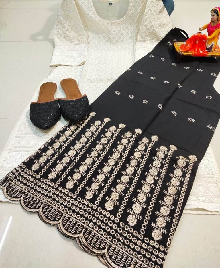 Beautiful Chikan Embroidered Sequins Kurti and Garara Set with Patiala Jutti - White & Black 2