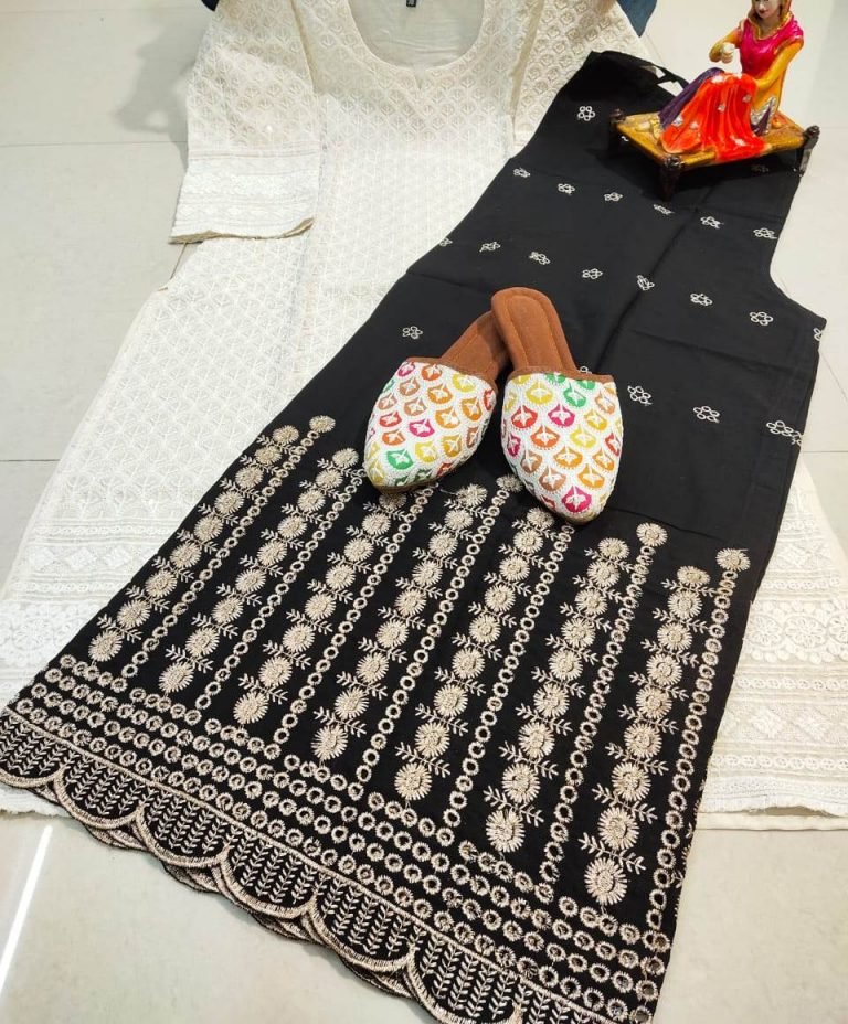 Beautiful Chikan Embroidered Sequins Kurti and Garara Set with Patiala Jutti - White & Black 1