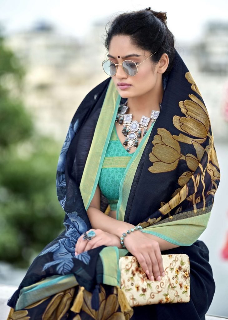 Swat Printed Cotton Linen daily wear Saree - Navy Blue - Image 2
