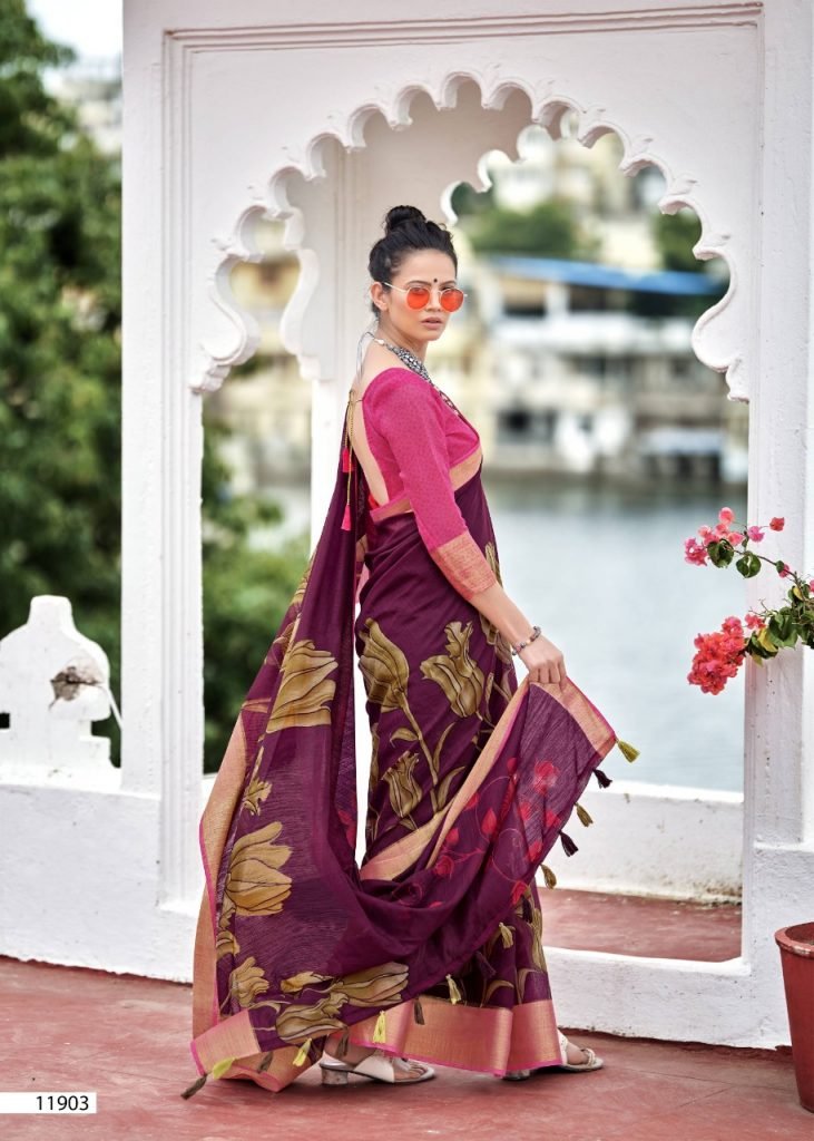 Swat Printed Cotton Linen daily wear Saree - Violet - Image 3