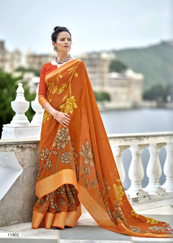 Swat Printed Cotton Linen daily wear Saree - Mustard - Image 3