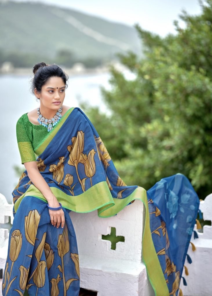 Swat Printed Cotton Linen daily wear Saree - Blue - Image 2