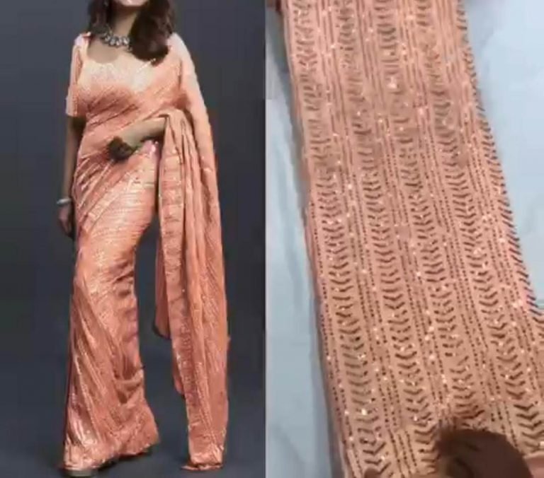 Bollywood Glittery Party wear Sequin Saree - Peach - Image 3