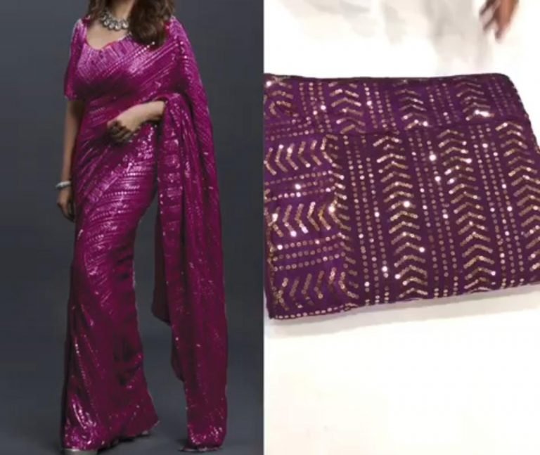 Bollywood Glittery Party wear Sequin Saree - Wine - Image 2