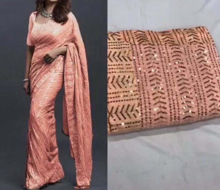 Bollywood Glittery Party wear Sequin Saree - Peach - Image 2