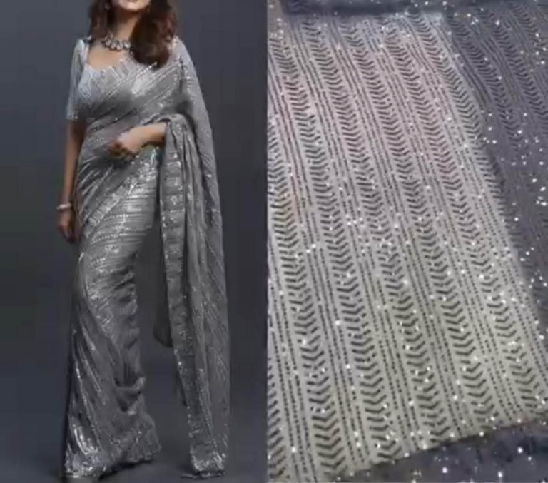 Bollywood Glittery Party wear Sequin Saree - Grey - Image 2