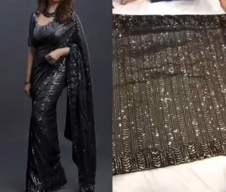 Bollywood Glittery Party wear Sequin Saree - Black - Image 3