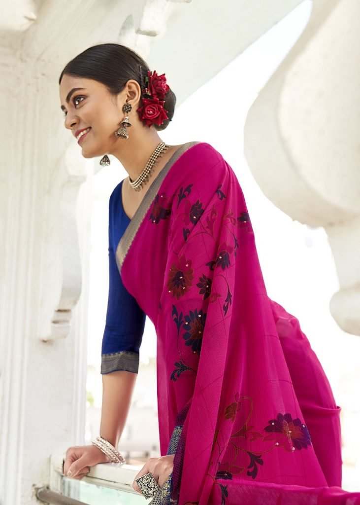Floral print super Georgette Daily and fashion wear Saree - Magenta Pink - Image 2