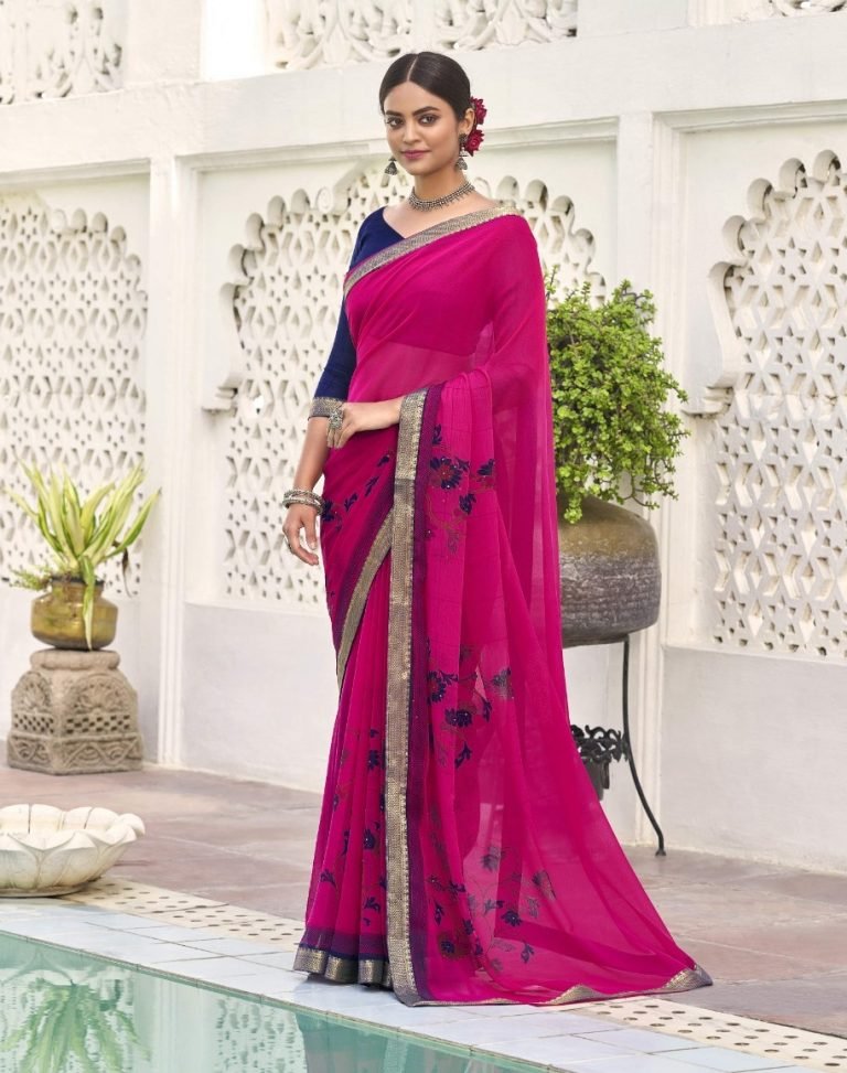 Floral print super Georgette Daily and fashion wear Saree - Magenta Pink - Image 3