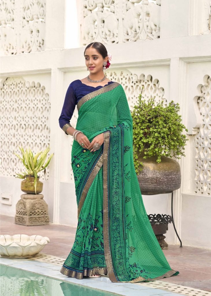 Floral print super Georgette Daily and fashion wear Saree - Green - Image 4
