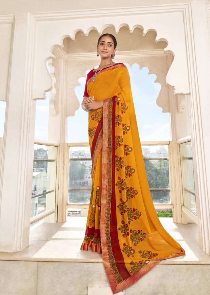 Floral print super Georgette Daily and fashion wear Saree - Yellow - Image 2