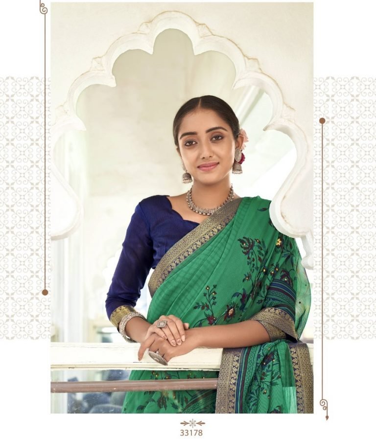 Floral print super Georgette Daily and fashion wear Saree - Green - Image 2