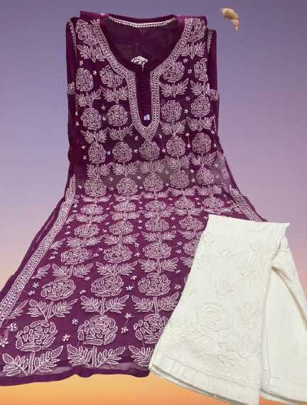 Buy Chikankari Georgette Kurti Set Summer Collection - Wine