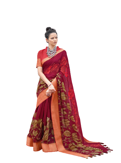 Swat Printed Cotton Linen daily wear Saree - Maroon