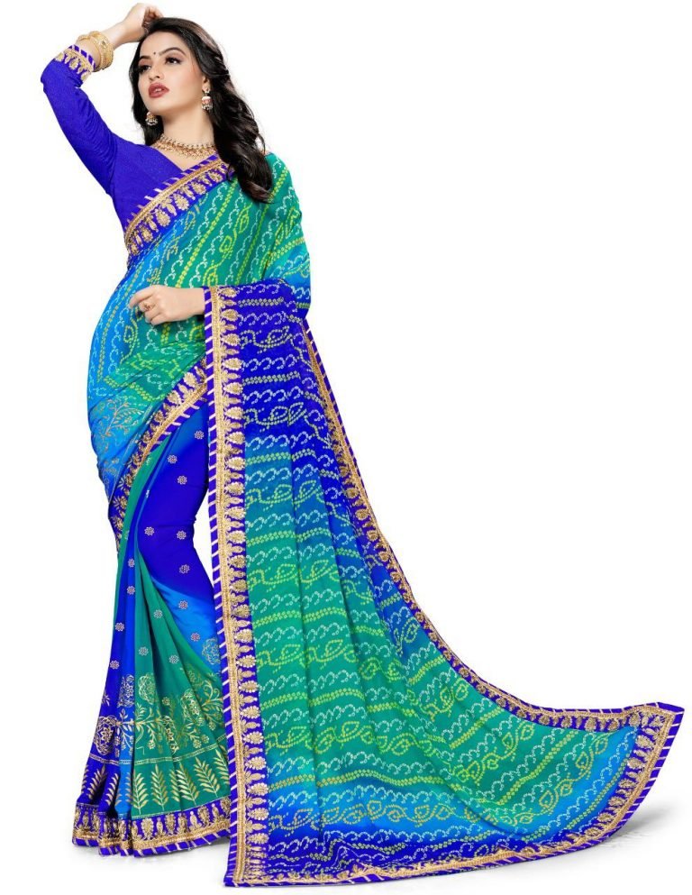Praahi Georgette Bhadhani Heavy Print Saree - Peacock 01