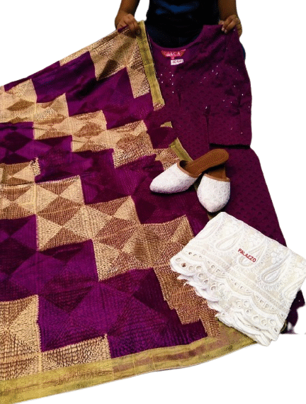 Chikankari Suit Set with Phulkari Dupatta and matching Jutti/Mojri - Violet & White