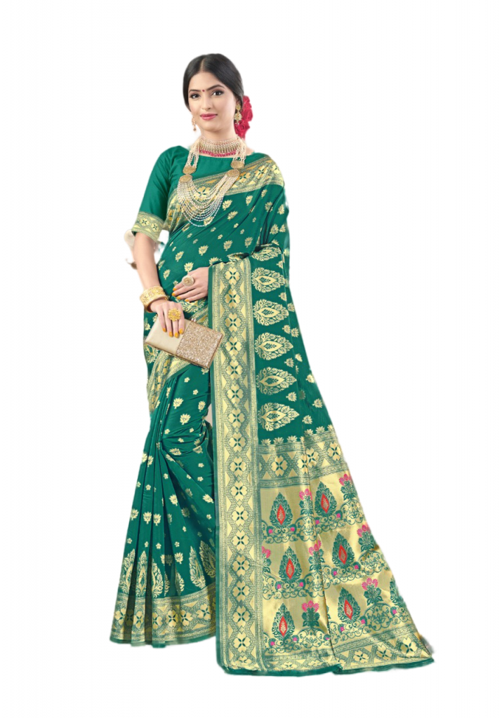 Partywear Art Woowen Silk Traditional Pooja special Saree/Sari - Green