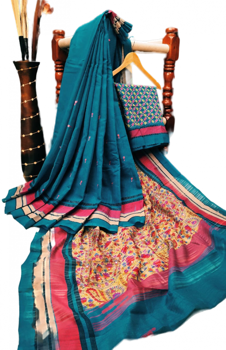 Shreyans Cotton Silk Printed base Saree - Teal tone 1