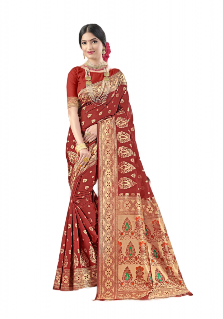 Partywear Art Woowen Silk Traditional Pooja special Saree/Sari - Rustic Red