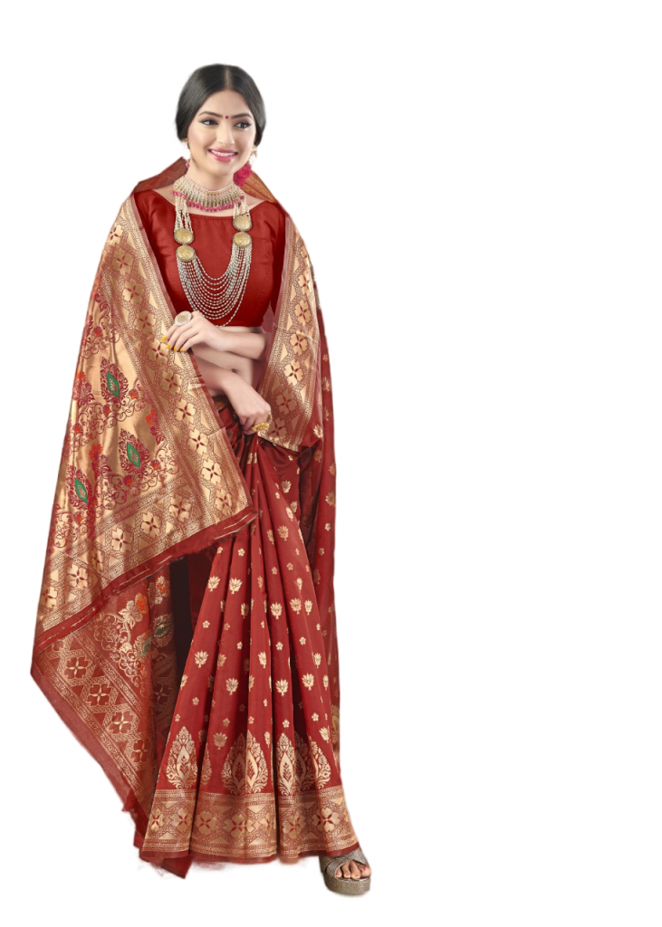 Partywear Art Woowen Silk Traditional Pooja special Saree/Sari - Rustic Red - Image 2