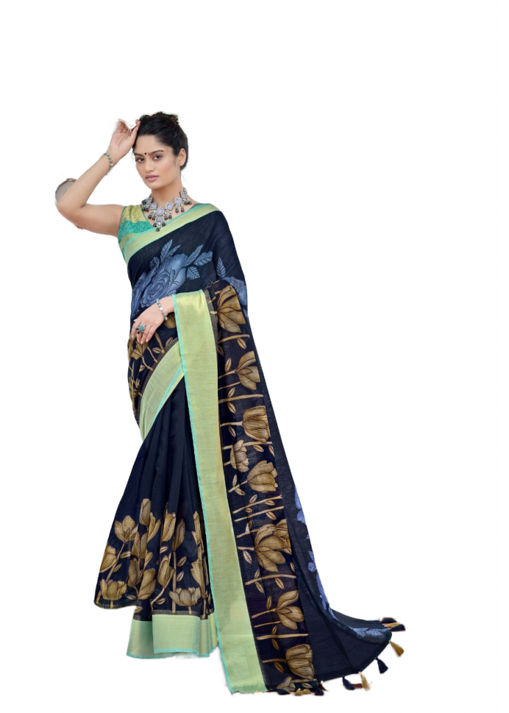 Swat Printed Cotton Linen daily wear Saree - Navy Blue