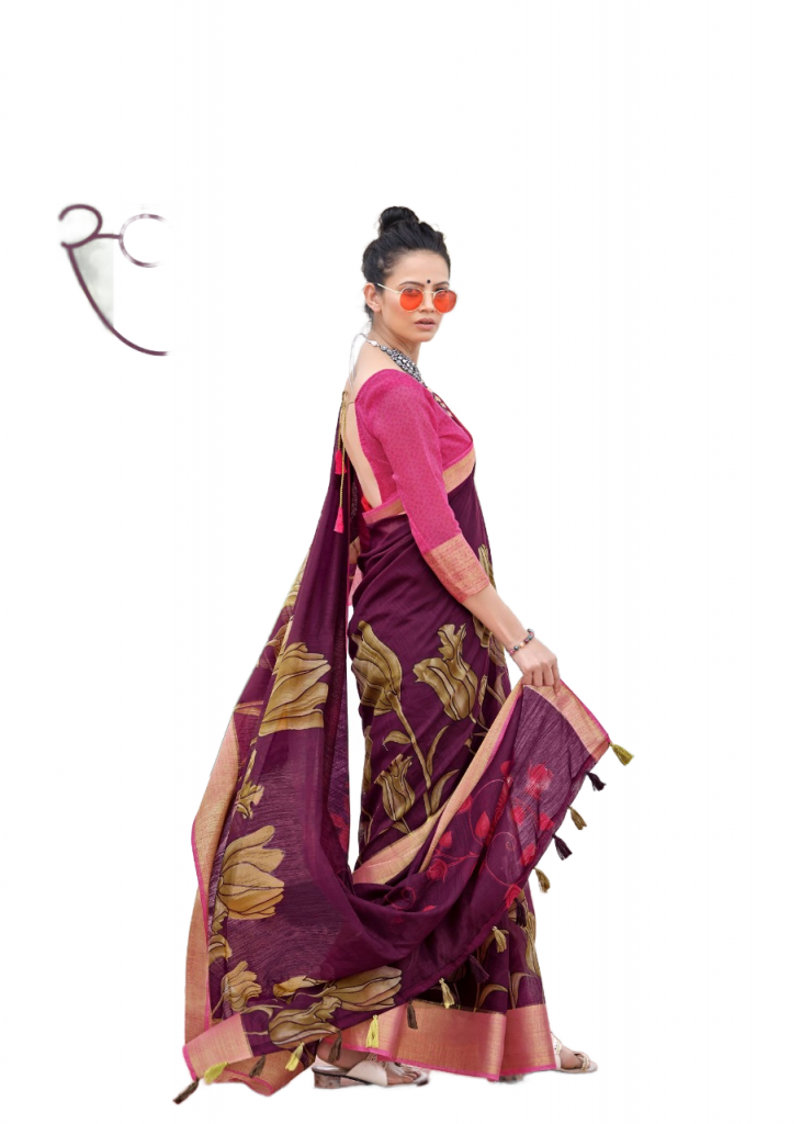 Swat Printed Cotton Linen daily wear Saree - Violet