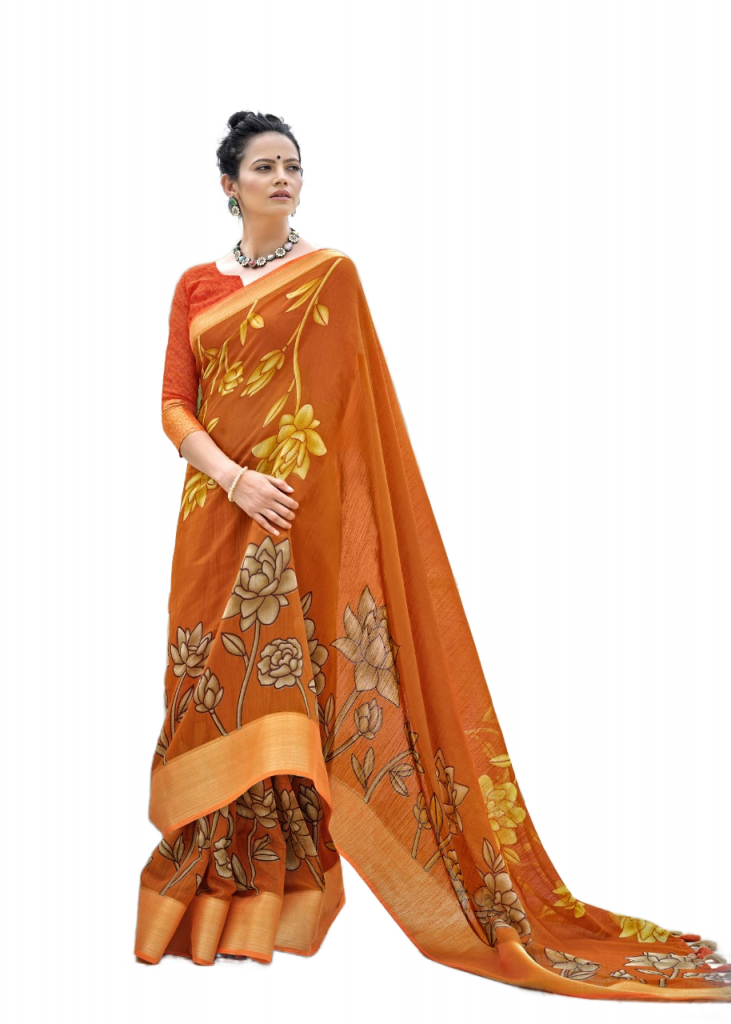 Swat Printed Cotton Linen daily wear Saree - Mustard