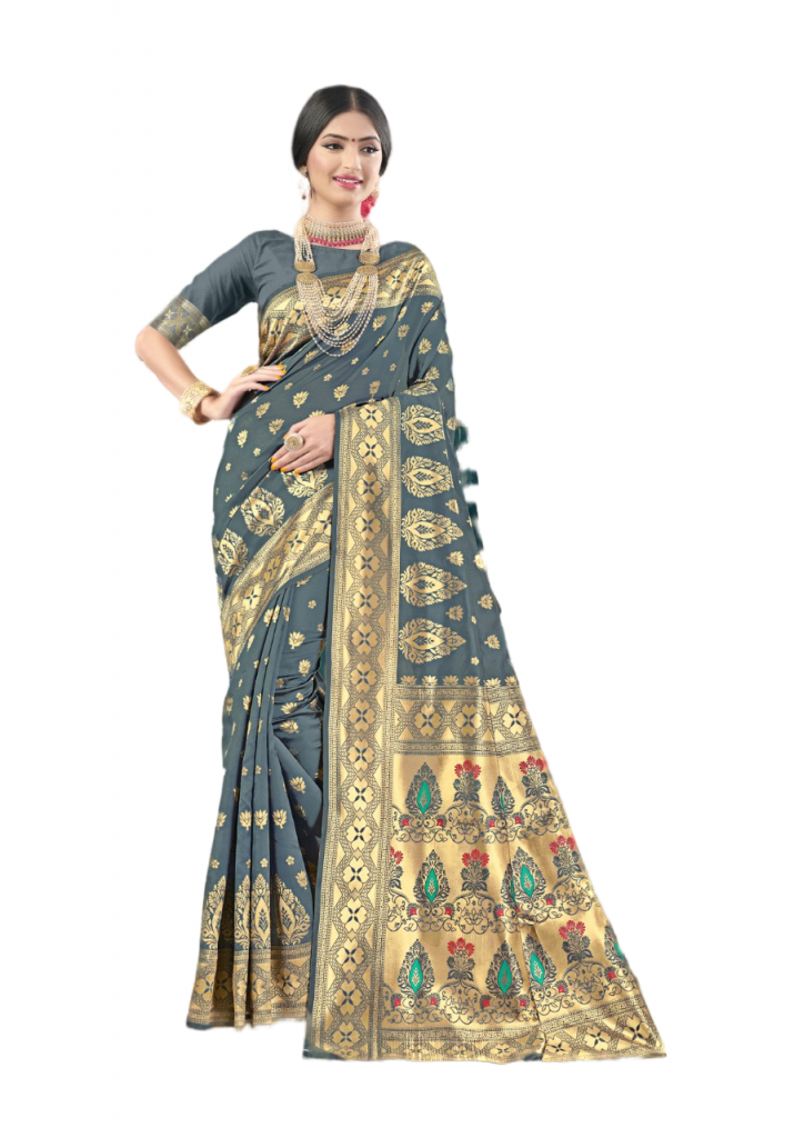 Partywear Art Woowen Silk Traditional Pooja special Saree/Sari - Grey