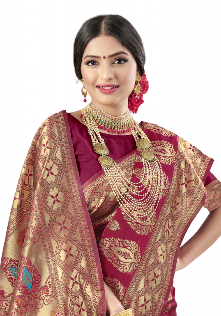 Partywear Art Woowen Silk Traditional Pooja special Saree/Sari - Ruby - Image 2