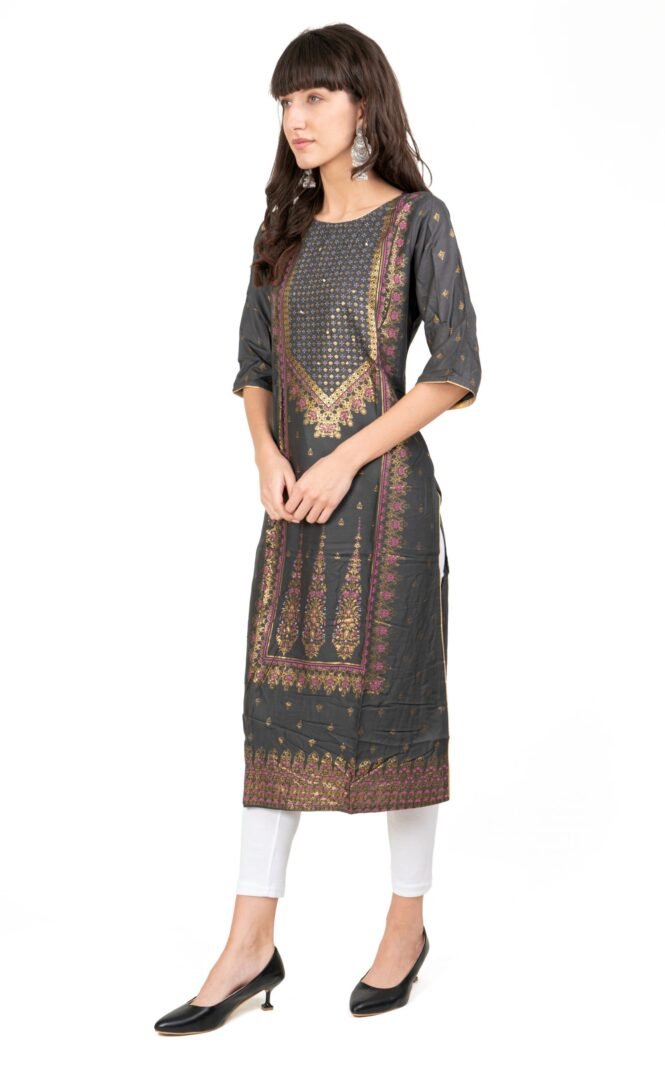 New Colorful Fancy Casual & Festive wear readymade Rayon Kurti - Dark Grey/GC10008