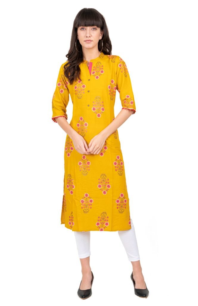 New Colorful Fancy Casual & Festive wear readymade Rayon Kurti - Marigold Yellow/GC10017