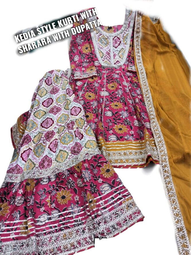 Buy Cotton Heavy Sharara Peplon kurti with Dupatta set - Yellow combination - Image 3