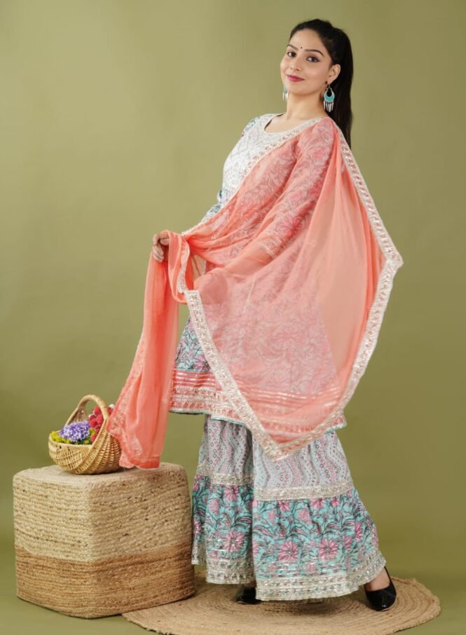 Buy Cotton Heavy Sharara Peplon kurti with Dupatta set - Blue combination - Image 5