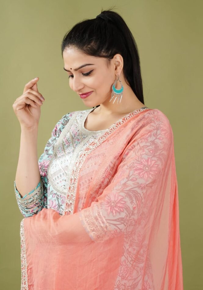 Buy Cotton Heavy Sharara Peplon kurti with Dupatta set - Blue combination - Image 3