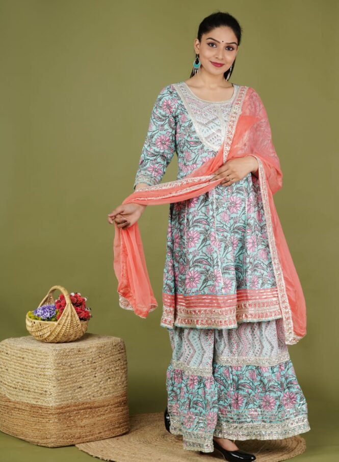 Buy Cotton Heavy Sharara Peplon kurti with Dupatta set - Blue combination - Image 6