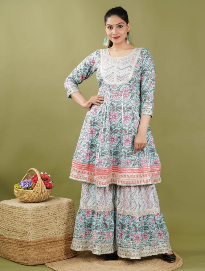 Buy Cotton Heavy Sharara Peplon kurti with Dupatta set - Blue combination - Image 4