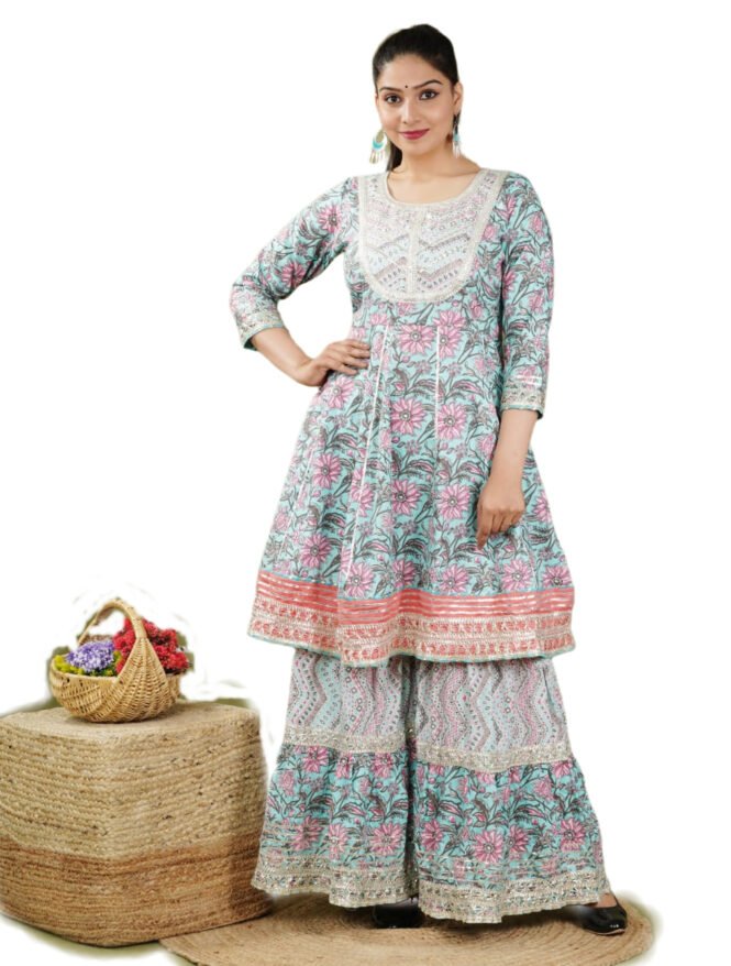 Buy Cotton Heavy Sharara Peplon kurti with Dupatta set - Blue combination
