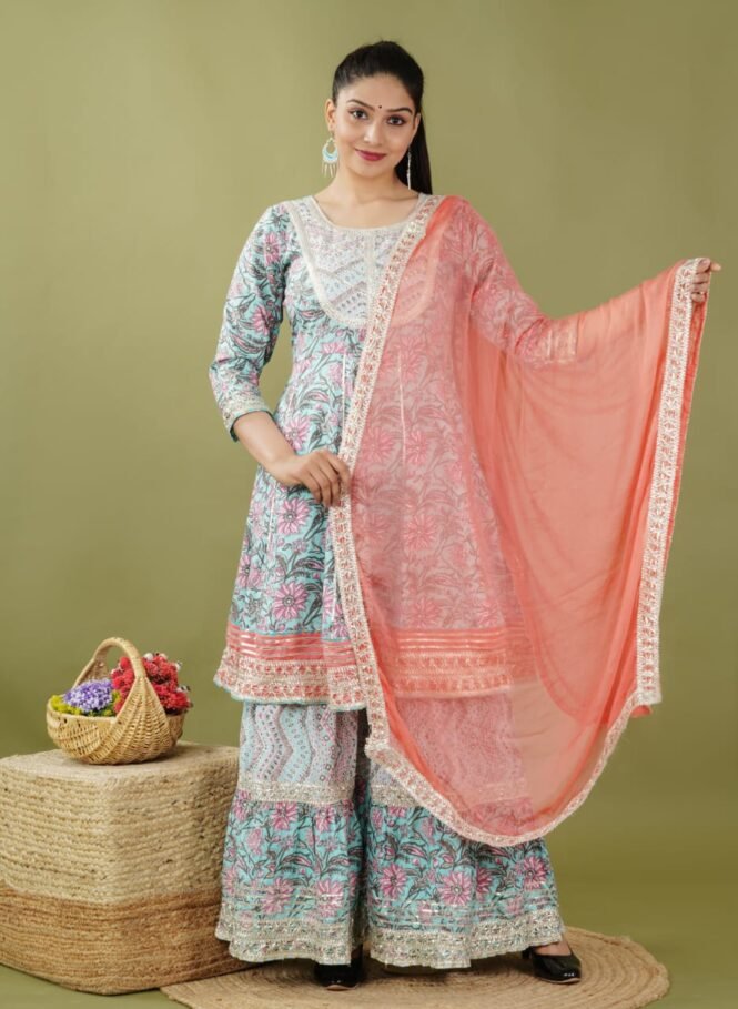 Buy Cotton Heavy Sharara Peplon kurti with Dupatta set - Blue combination - Image 8
