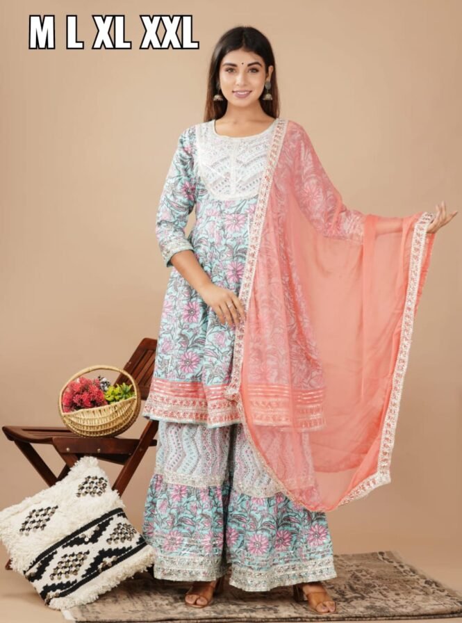 Buy Cotton Heavy Sharara Peplon kurti with Dupatta set - Blue combination - Image 7