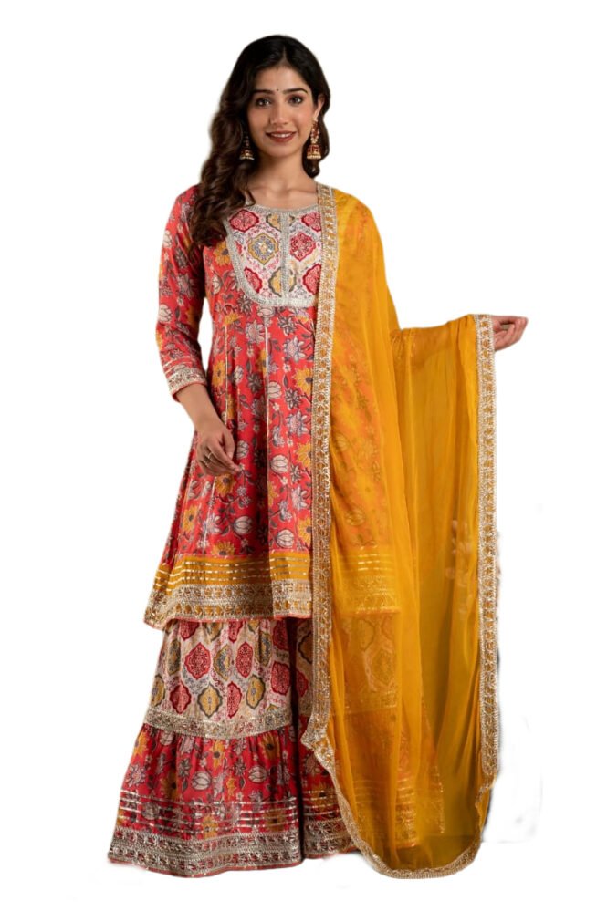 Buy Cotton Heavy Sharara Peplon kurti with Dupatta set - Yellow combination
